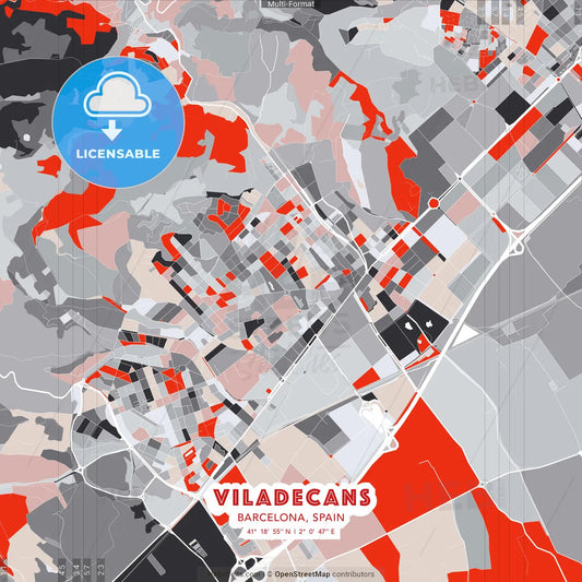 Viladecans, Barcelona, Spain - modern street map poster template with gray and red tones