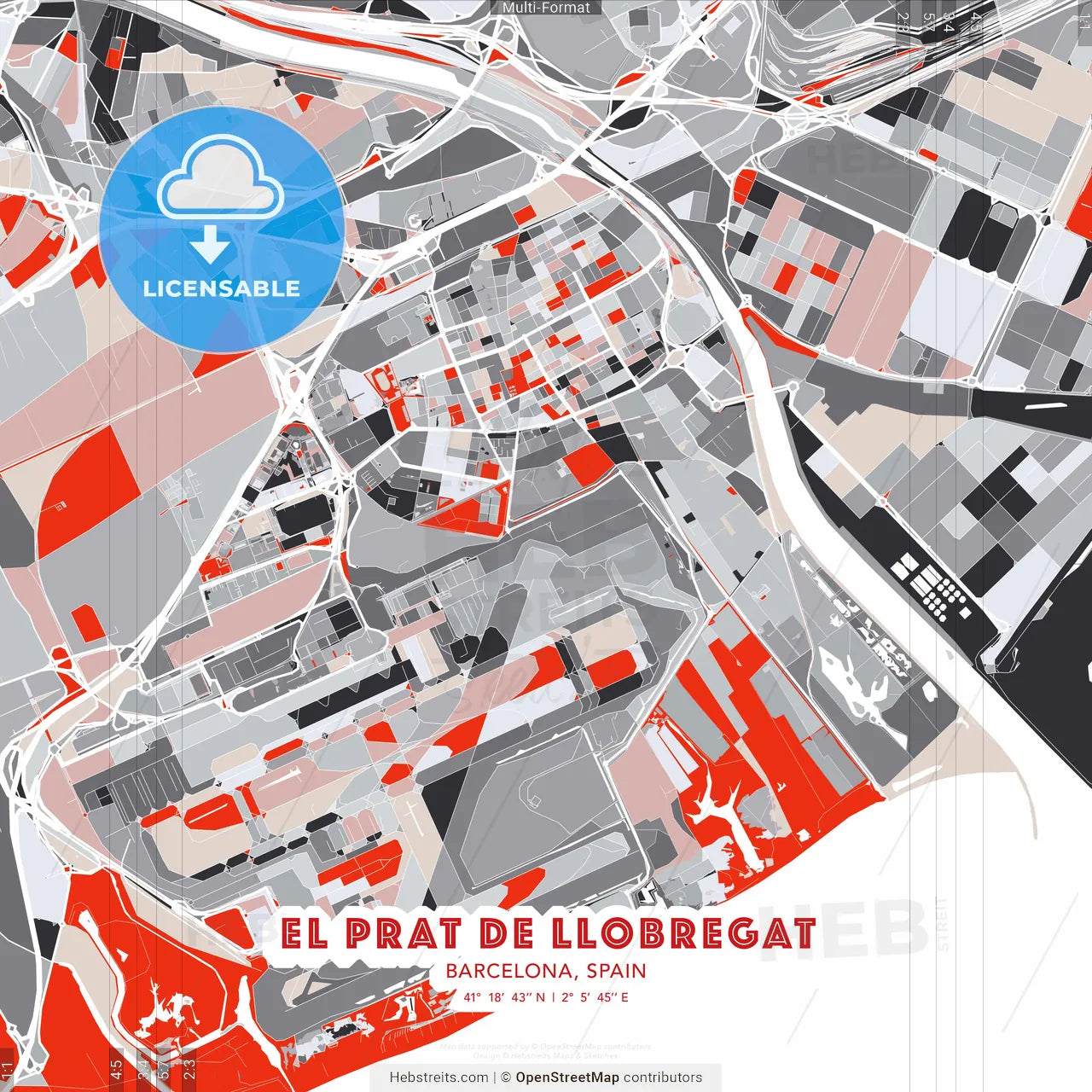 El Prat de Llobregat, Barcelona, Spain - modern street map poster template with gray and red tones