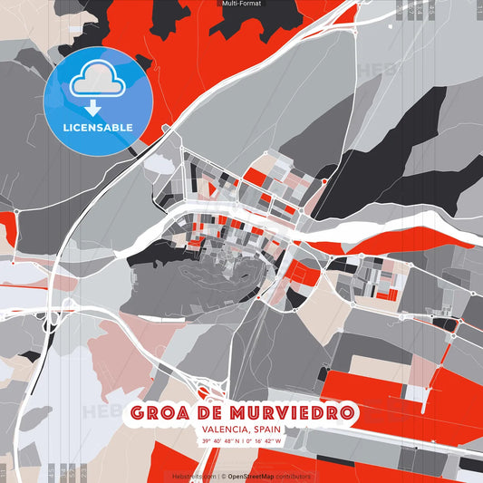 Groa de Murviedro, Valencia, Spain - modern street map poster template with gray and red tones