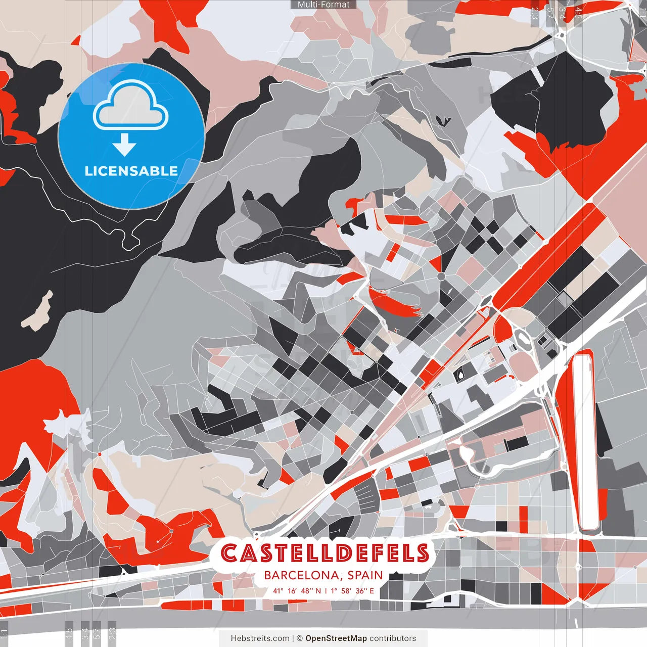 Castelldefels, Barcelona, Spain - modern street map poster template with gray and red tones