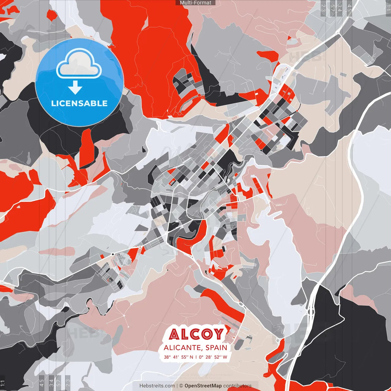 Alcoy, Alicante, Spain - modern street map poster template with gray and red tones