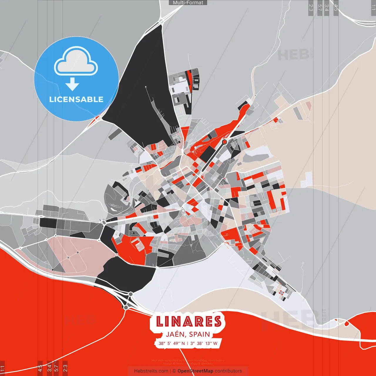 Linares, Jaén, Spain - modern street map poster template with gray and red tones