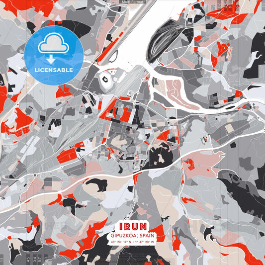 Irun, Gipuzkoa, Spain - modern street map poster template with gray and red tones
