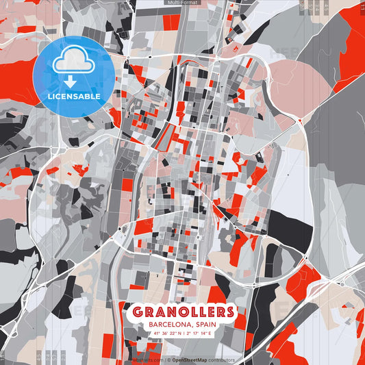 Granollers, Barcelona, Spain - modern street map poster template with gray and red tones