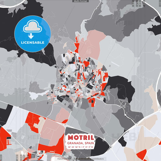 Motril, Granada, Spain - modern street map poster template with gray and red tones