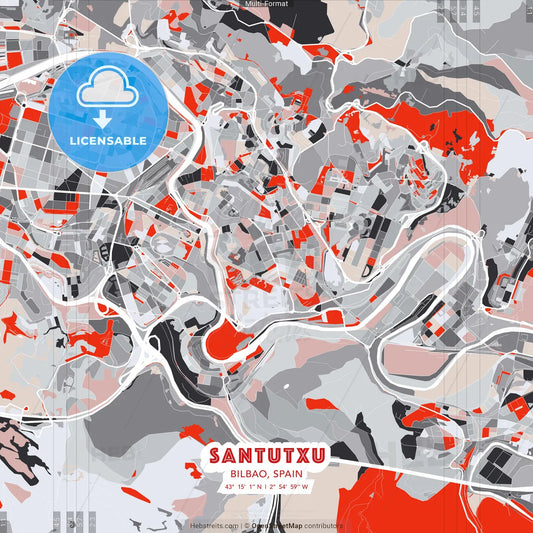 Santutxu, Bilbao, Spain - modern street map poster template with gray and red tones