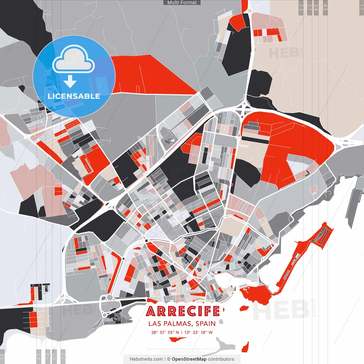 Arrecife, Las Palmas, Spain - modern street map poster template with gray and red tones
