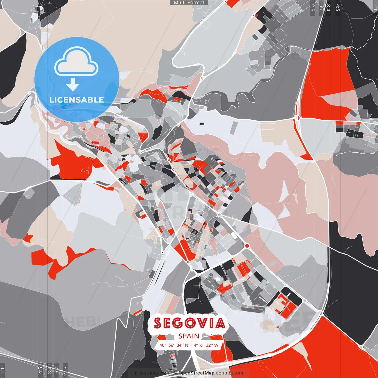 Segovia, Spain - modern street map poster template with gray and red tones