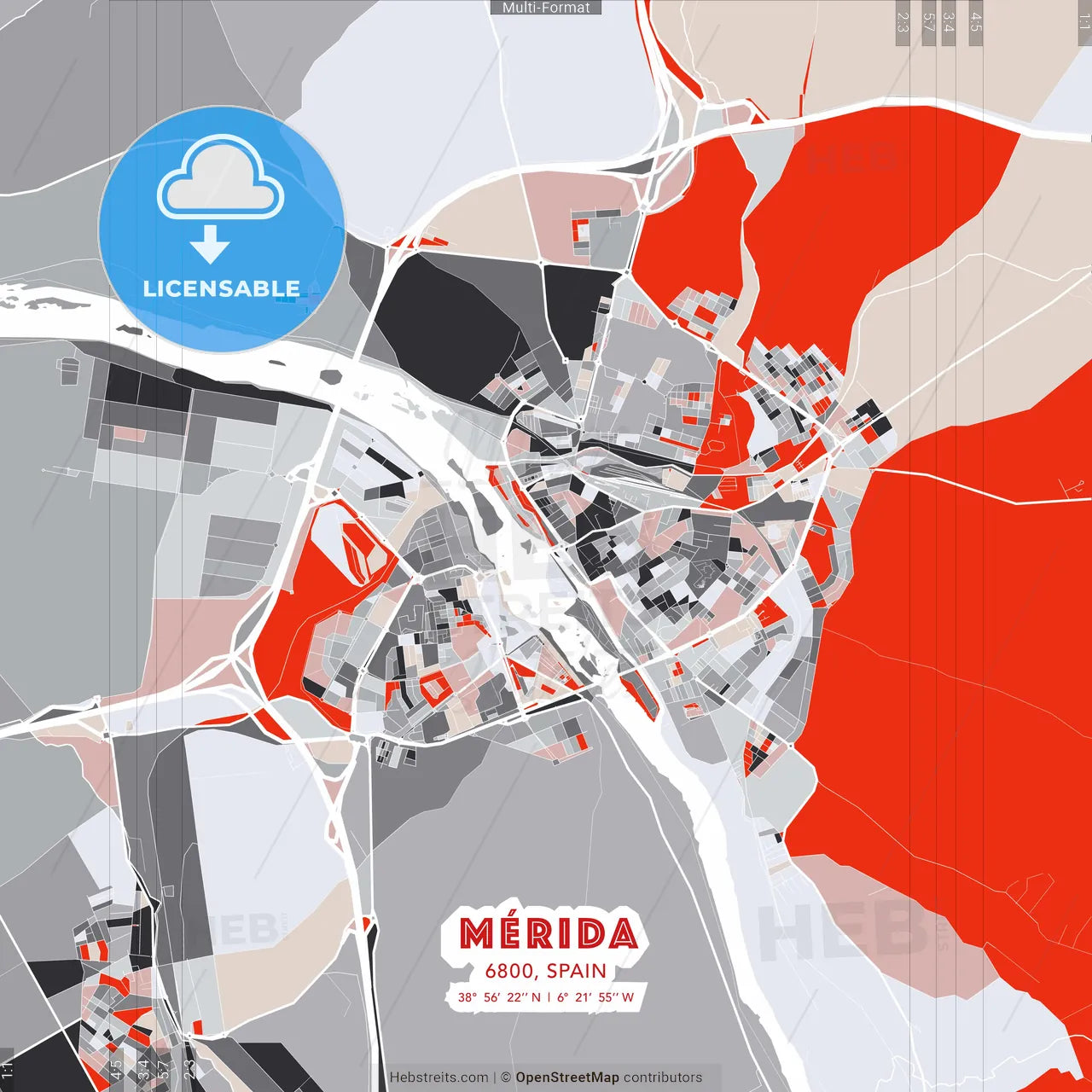 Mérida, 6800, Spain - modern street map poster template with gray and red tones