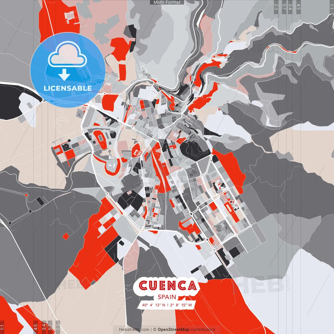 Cuenca, Spain - modern street map poster template with gray and red tones