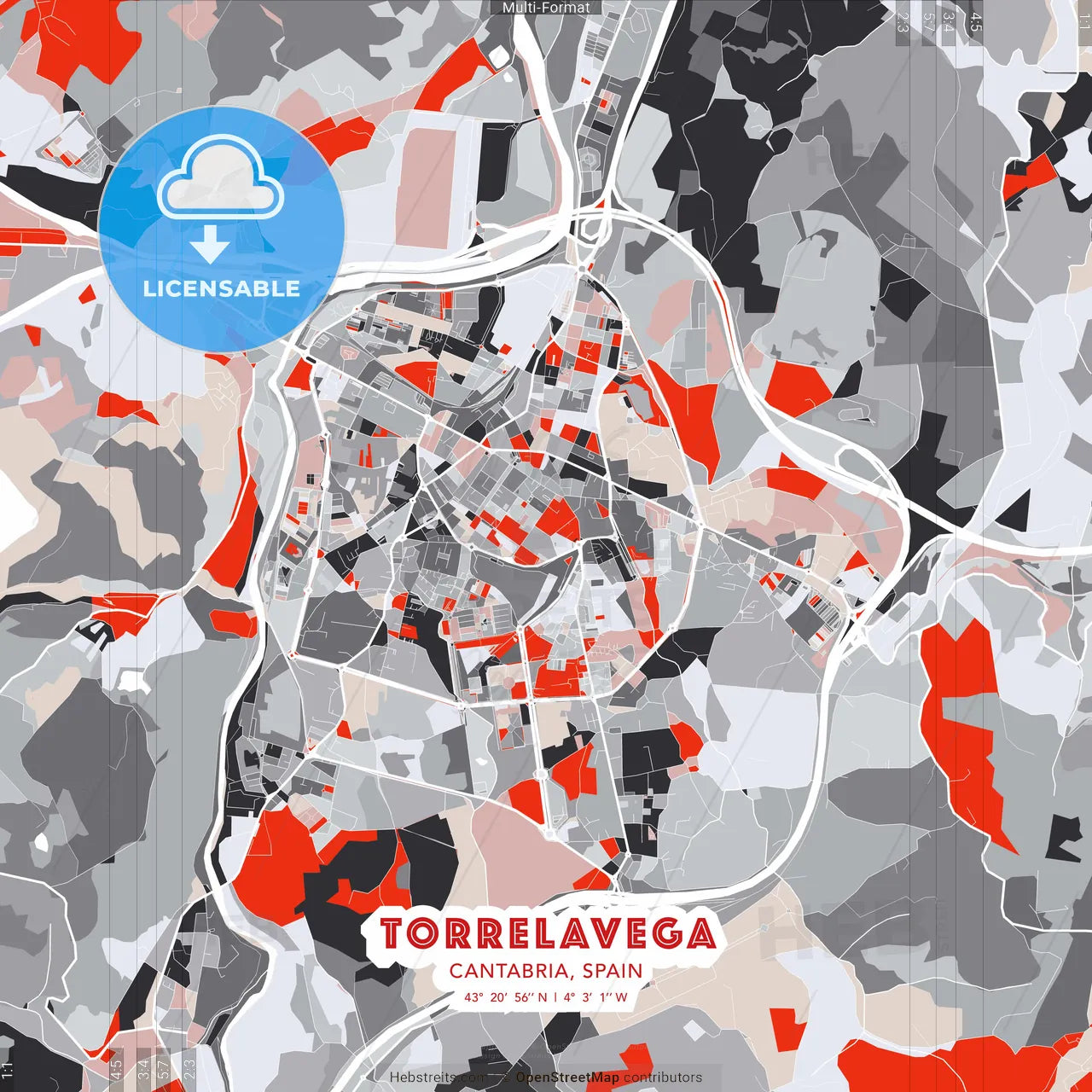 Torrelavega, Cantabria, Spain - modern street map poster template with gray and red tones