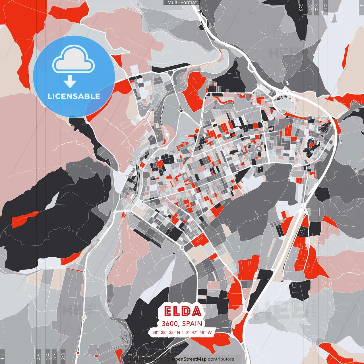 Elda, 3600, Spain - modern street map poster template with gray and red tones