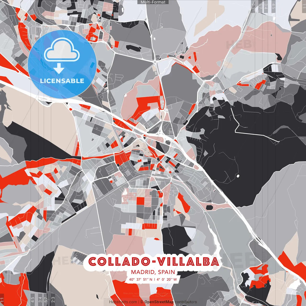 Collado-Villalba, Madrid, Spain - modern street map poster template with gray and red tones