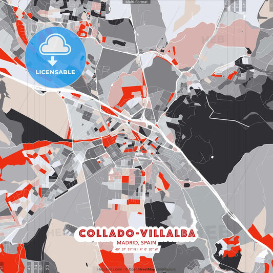 Collado-Villalba, Madrid, Spain - modern street map poster template with gray and red tones