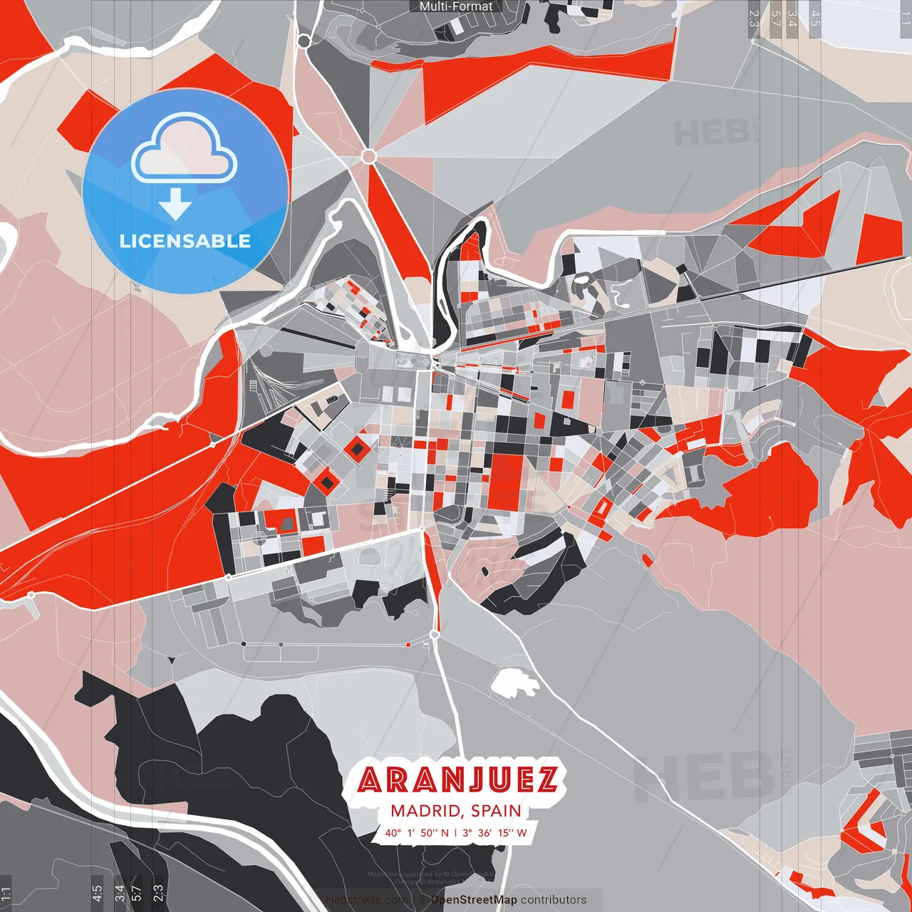 Aranjuez, Madrid, Spain - modern street map poster template with gray and red tones
