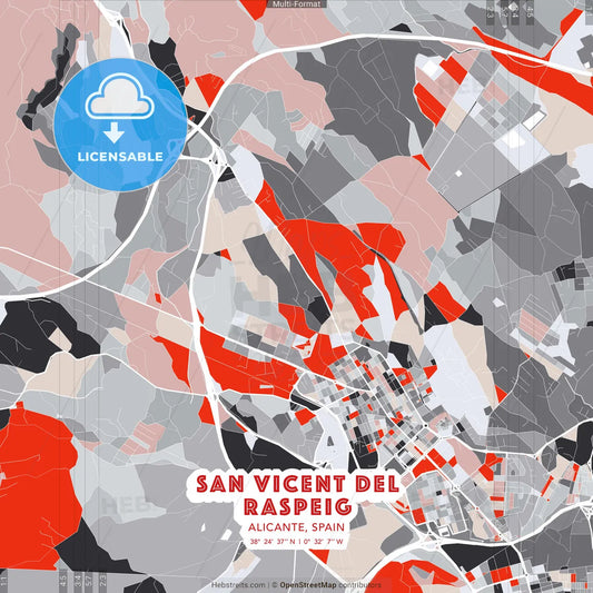 San Vicent del Raspeig, Alicante, Spain - modern street map poster template with gray and red tones