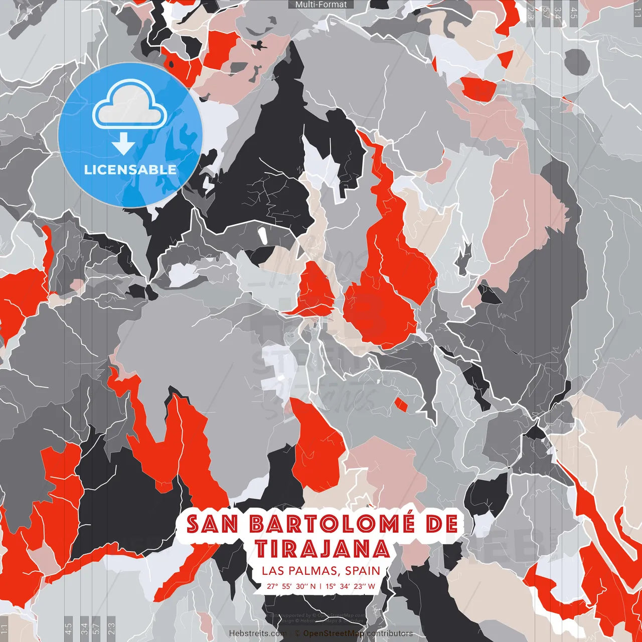 San Bartolomé de Tirajana, Las Palmas, Spain - modern street map poster template with gray and red tones