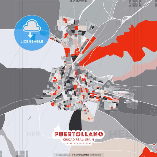 Puertollano, Ciudad Real, Spain - modern street map poster template with gray and red tones