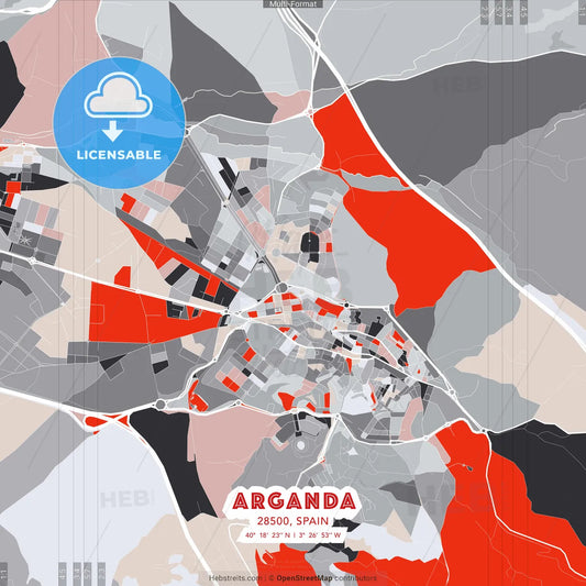 Arganda, 28500, Spain - modern street map poster template with gray and red tones