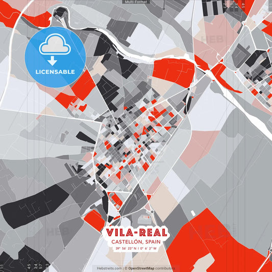 Vila-real, Castellón, Spain - modern street map poster template with gray and red tones