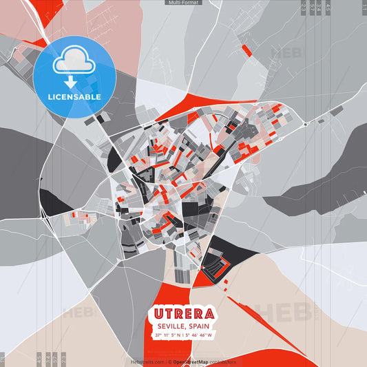 Utrera, Seville, Spain - modern street map poster template with gray and red tones