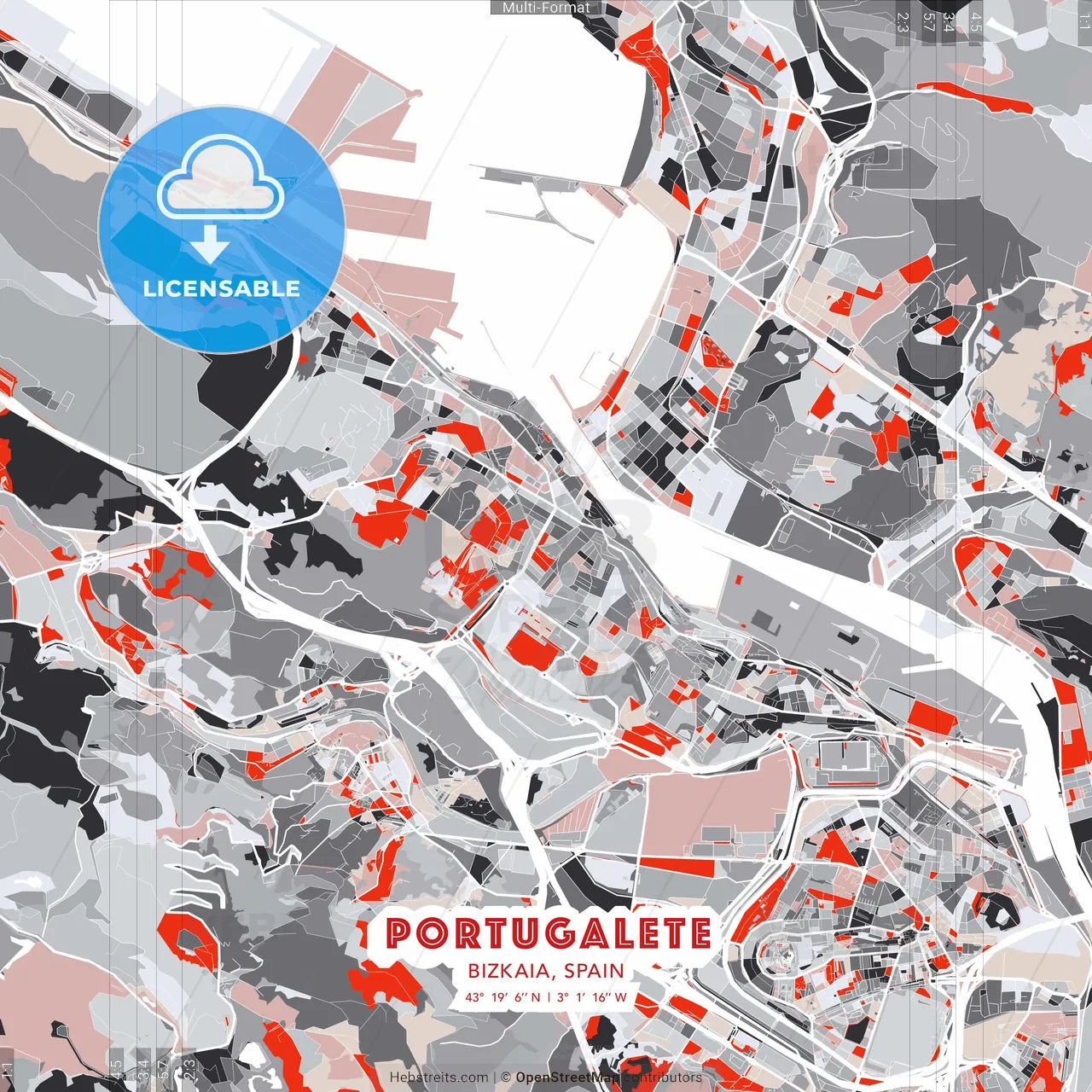 Portugalete, Bizkaia, Spain - modern street map poster template with gray and red tones