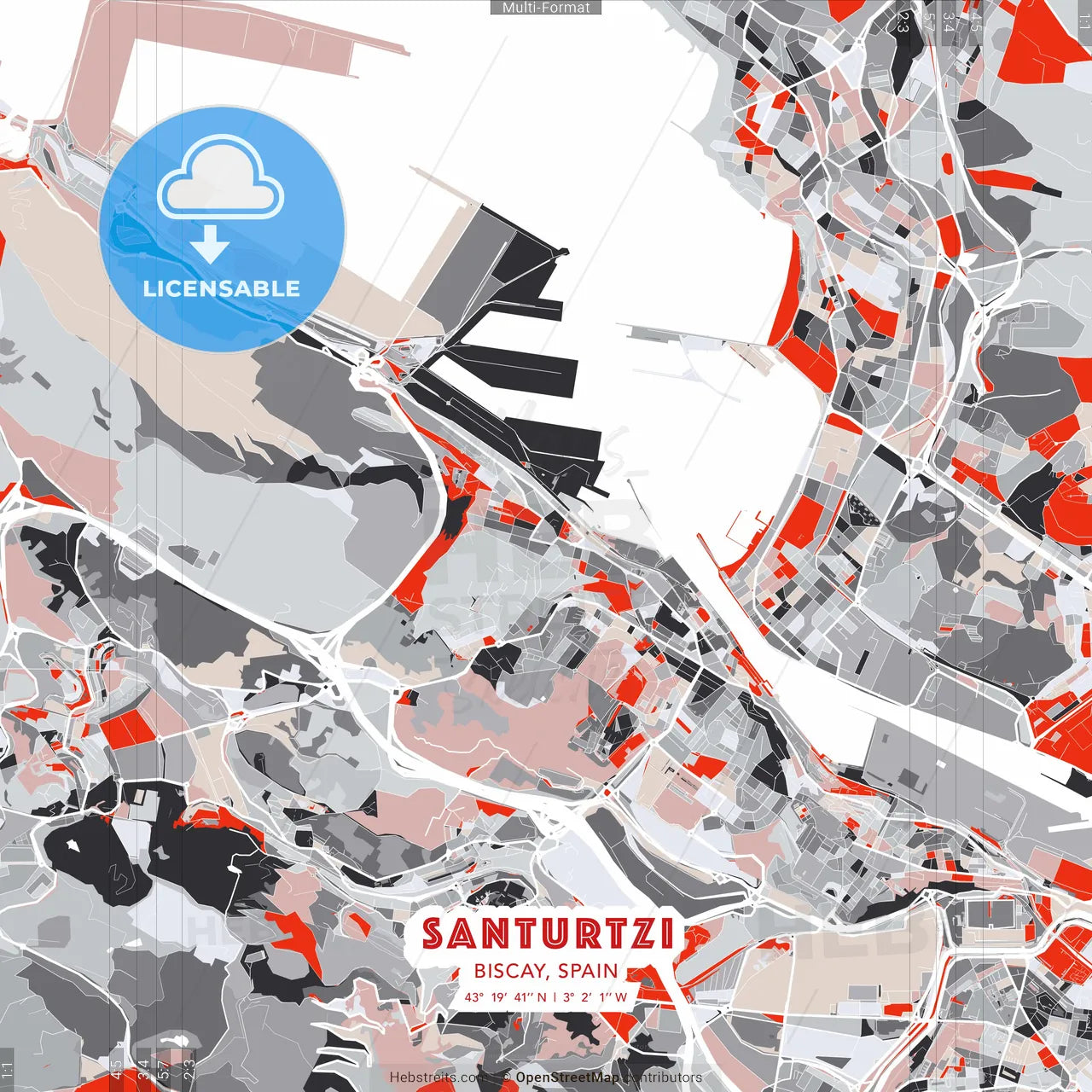 Santurtzi, Biscay, Spain - modern street map poster template with gray and red tones