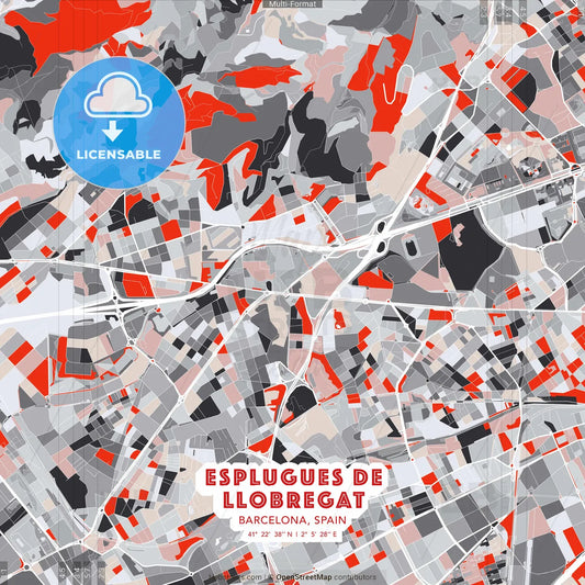 Esplugues de Llobregat, Barcelona, Spain - modern street map poster template with gray and red tones