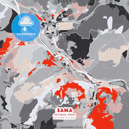Sama, Asturias, Spain - modern street map poster template with gray and red tones