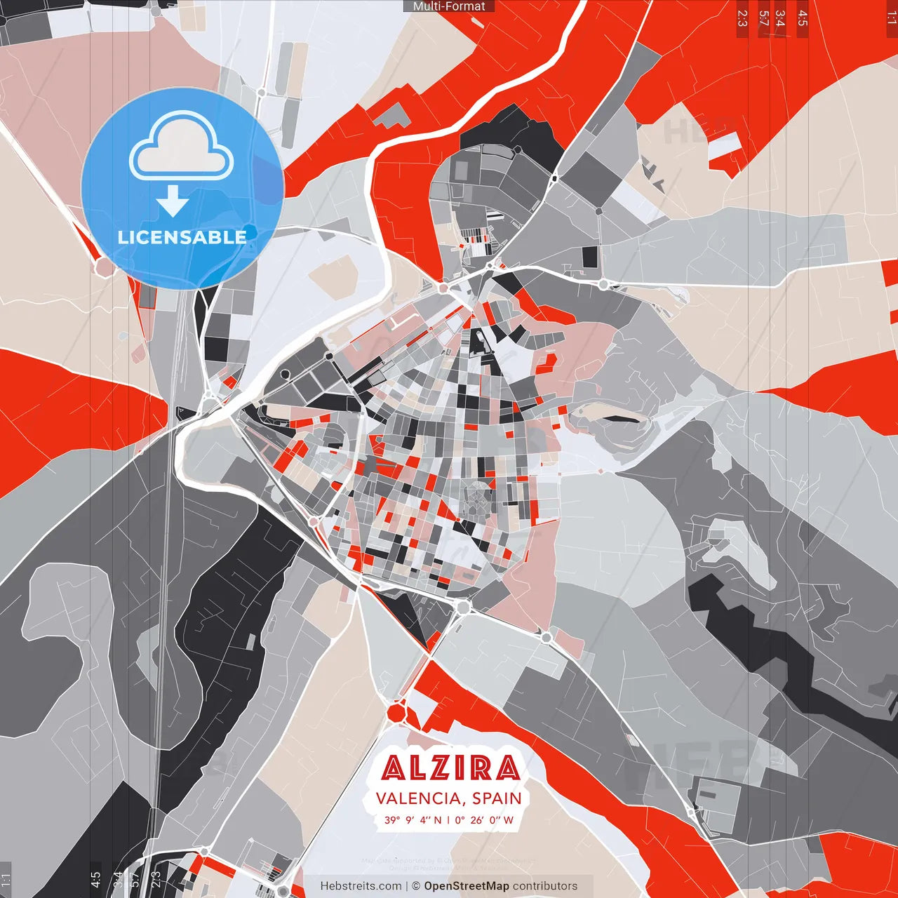 Alzira, Valencia, Spain - modern street map poster template with gray and red tones