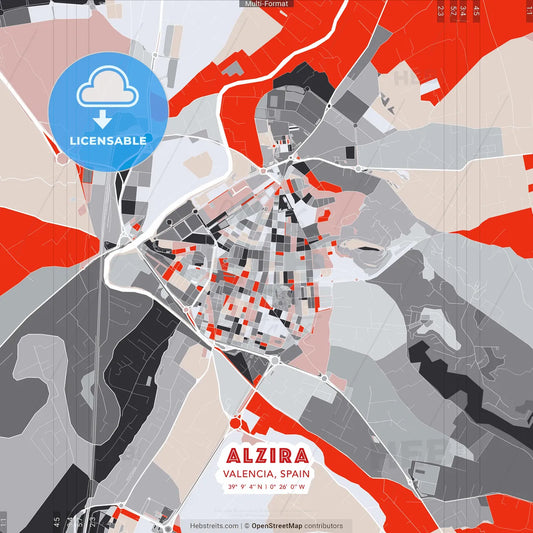 Alzira, Valencia, Spain - modern street map poster template with gray and red tones
