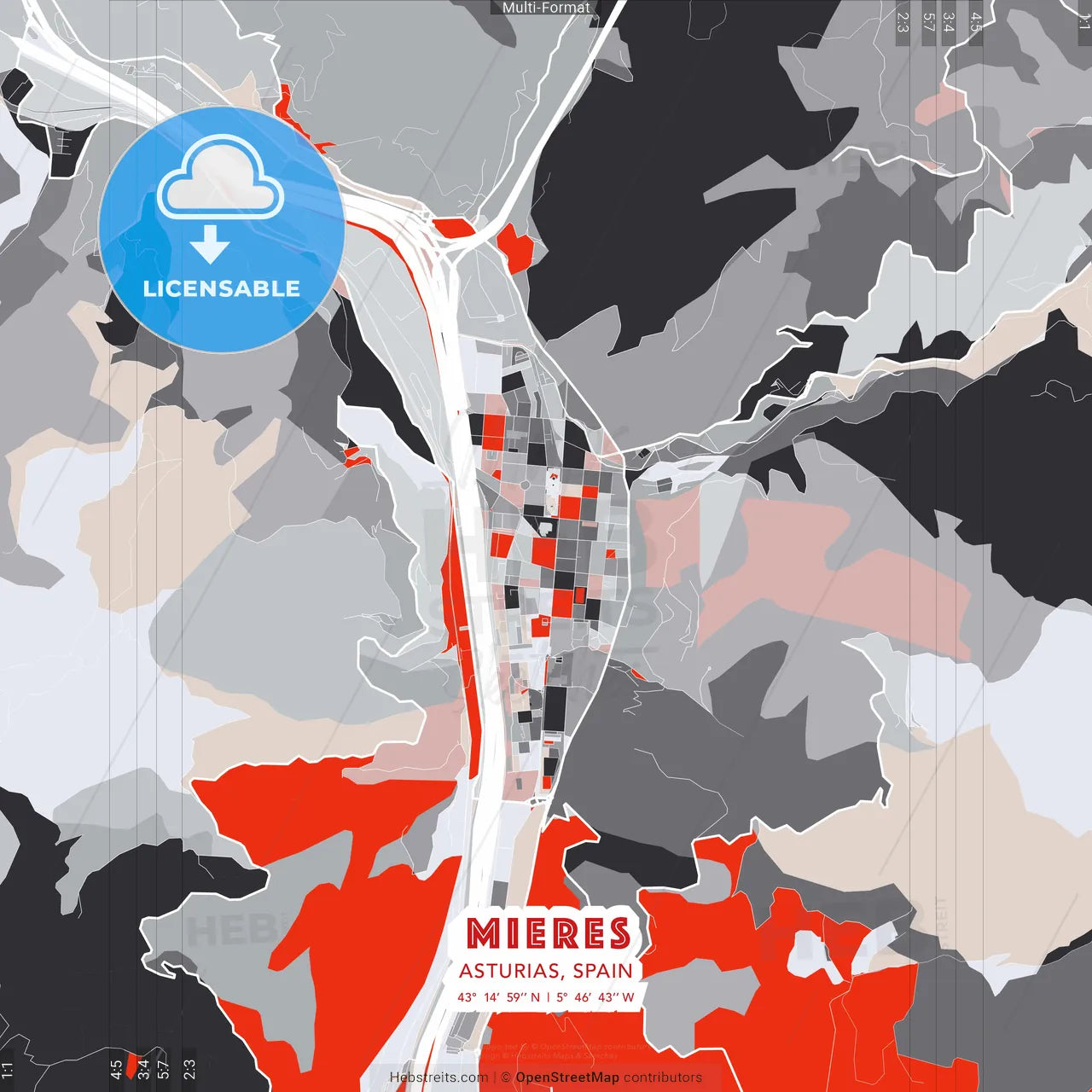 Mieres, Asturias, Spain - modern street map poster template with gray and red tones