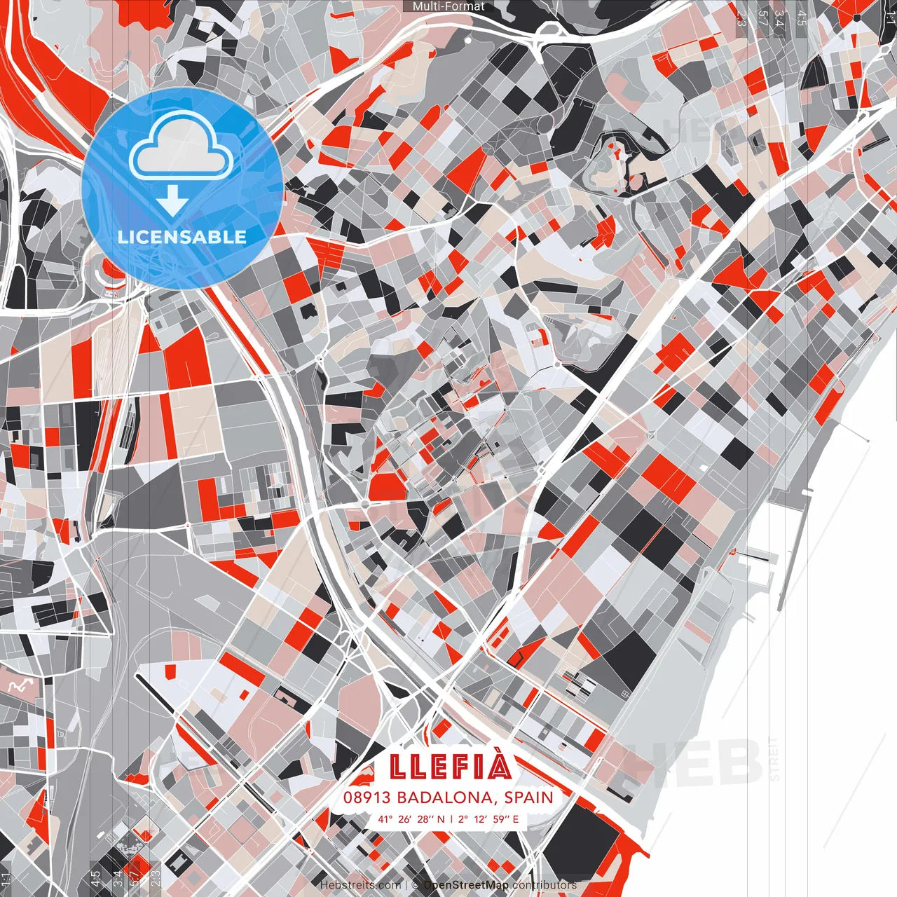 Llefià, 08913 Badalona, Spain - modern street map poster template with gray and red tones