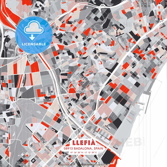 Llefià, 08913 Badalona, Spain - modern street map poster template with gray and red tones