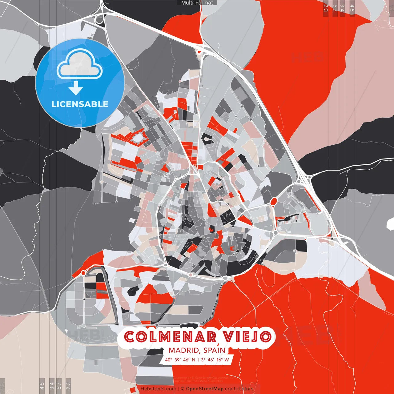 Colmenar Viejo, Madrid, Spain - modern street map poster template with gray and red tones