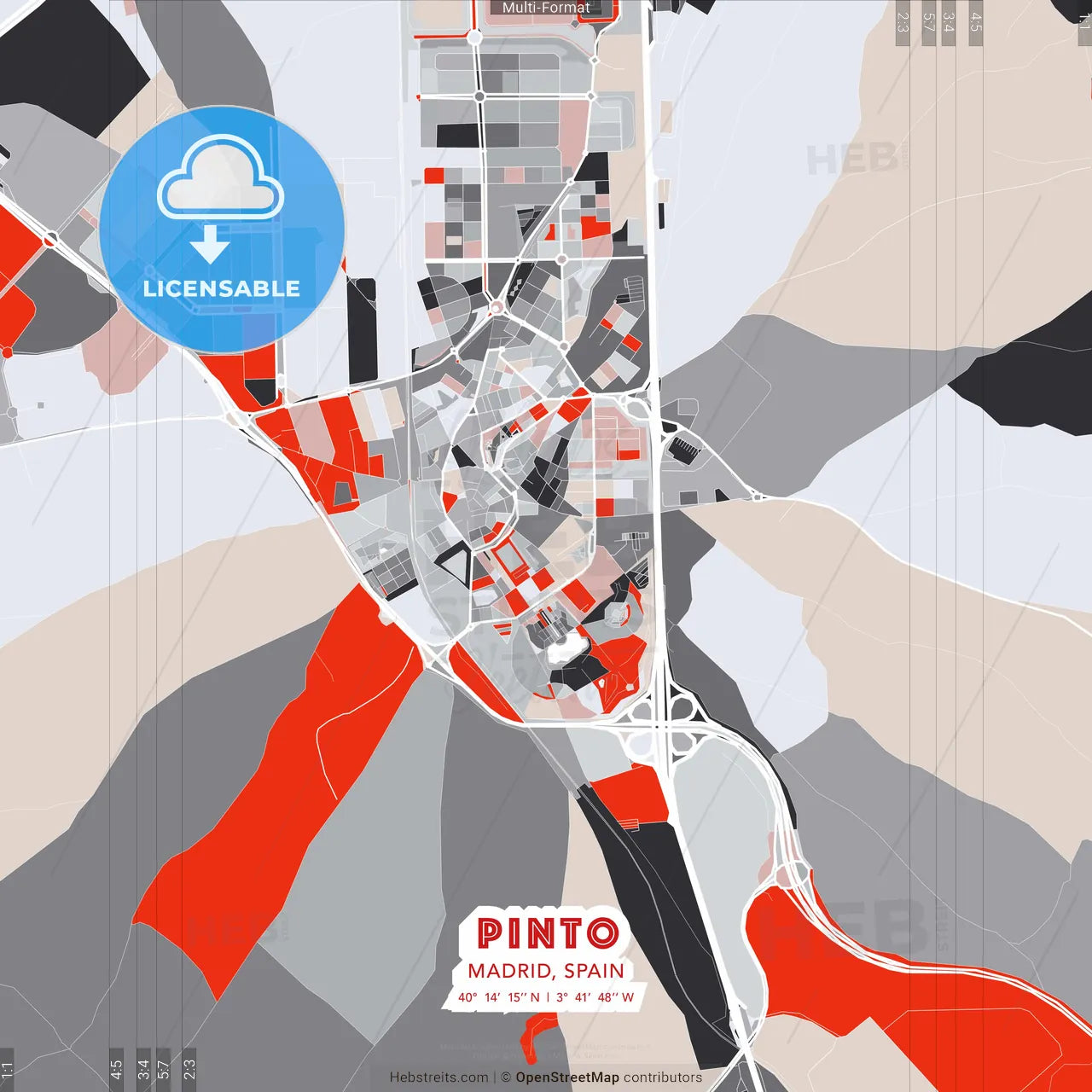 Pinto, Madrid, Spain - modern street map poster template with gray and red tones