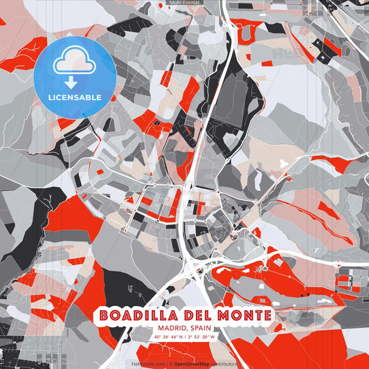 Boadilla del Monte, Madrid, Spain - modern street map poster template with gray and red tones