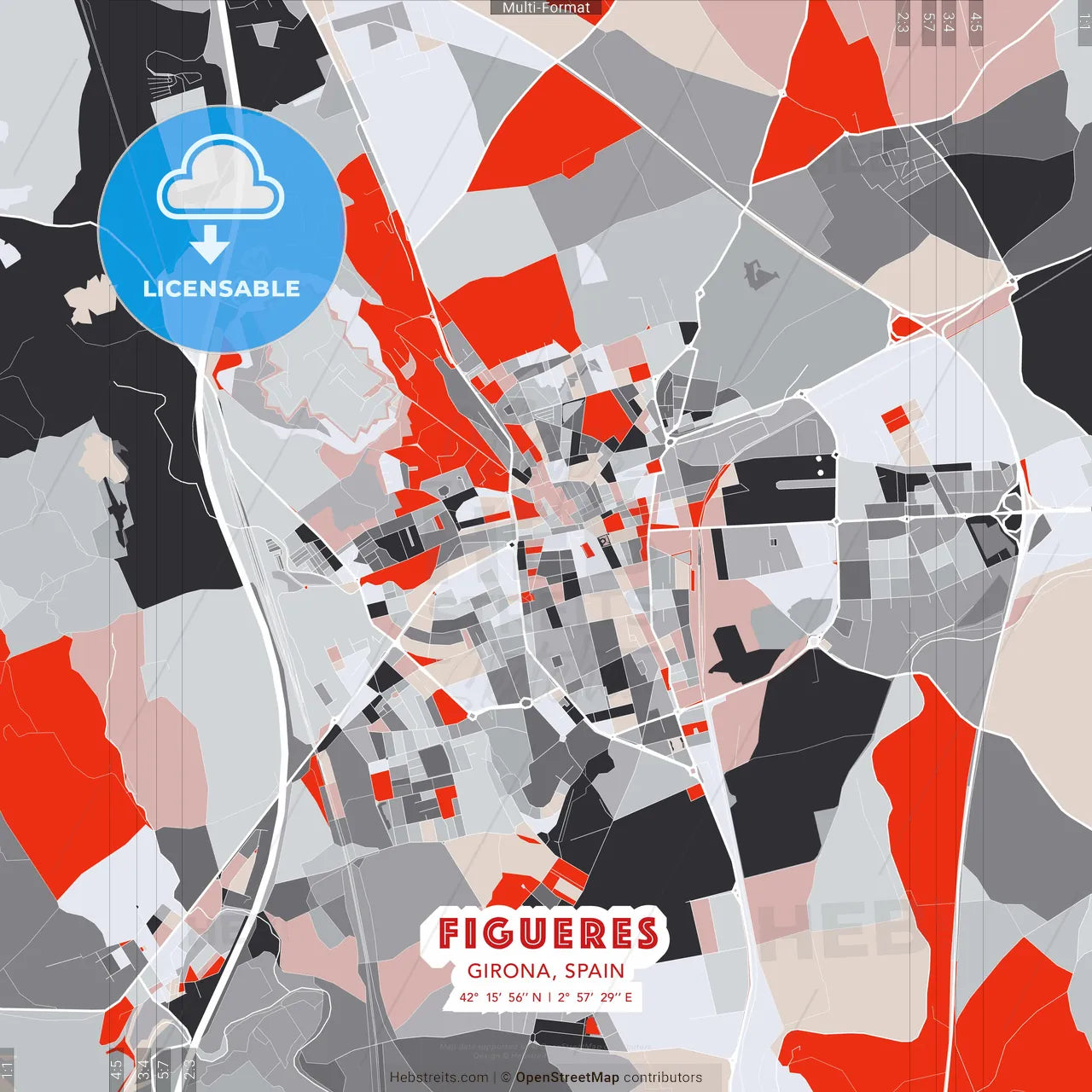 Figueres, Girona, Spain - modern street map poster template with gray and red tones