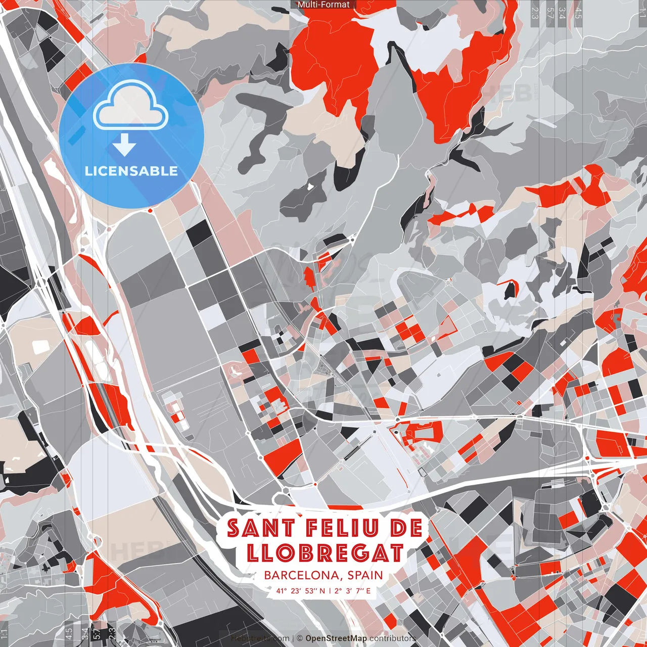 Sant Feliu de Llobregat, Barcelona, Spain - modern street map poster template with gray and red tones