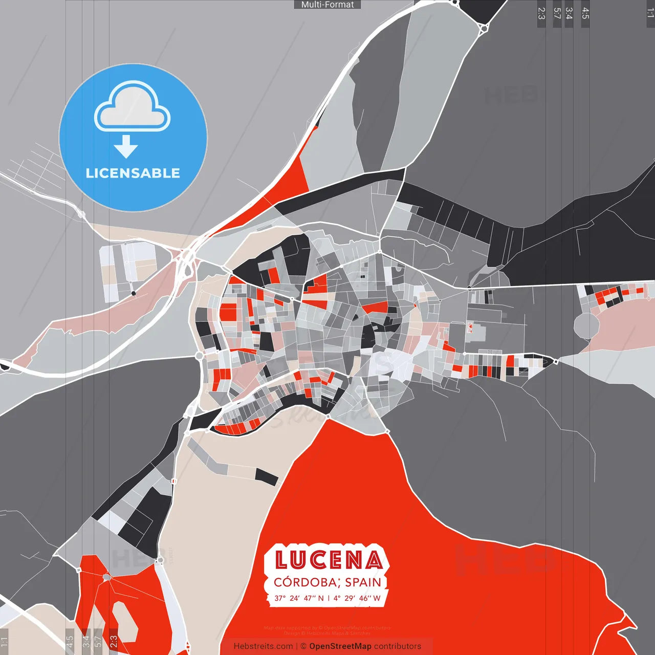 Lucena, Córdoba, Spain - modern street map poster template with gray and red tones