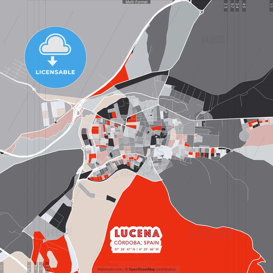 Lucena, Córdoba, Spain - modern street map poster template with gray and red tones