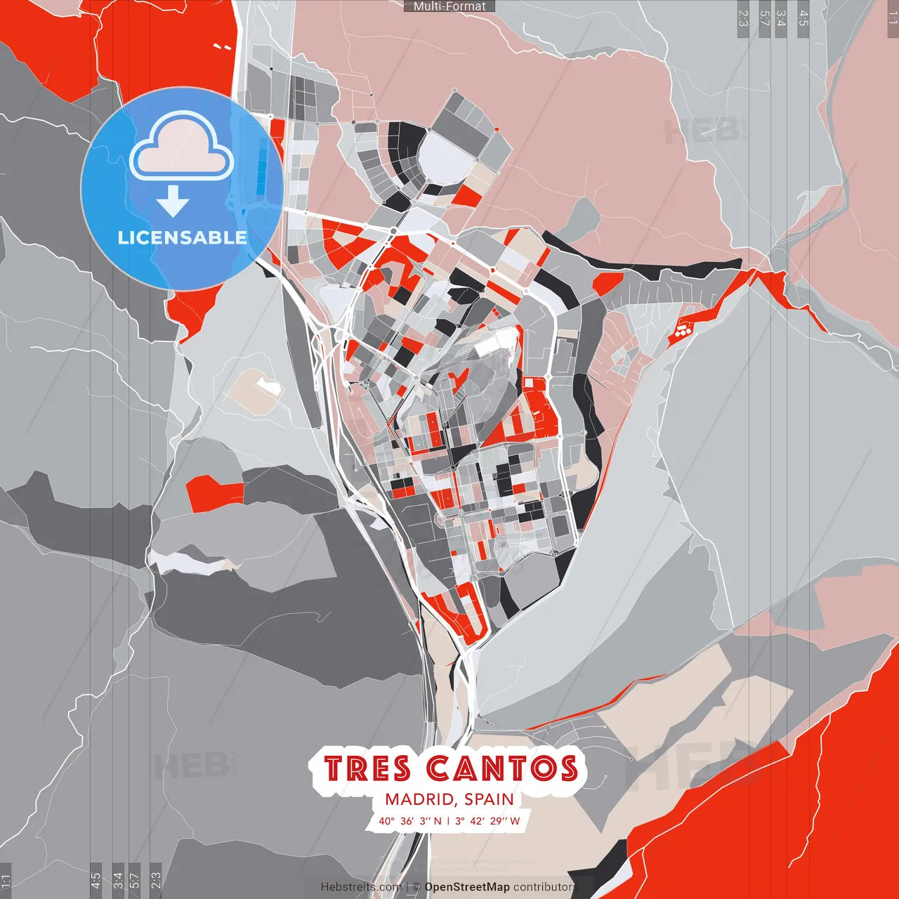 Tres Cantos, Madrid, Spain - modern street map poster template with gray and red tones