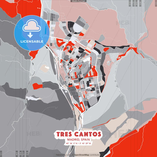Tres Cantos, Madrid, Spain - modern street map poster template with gray and red tones