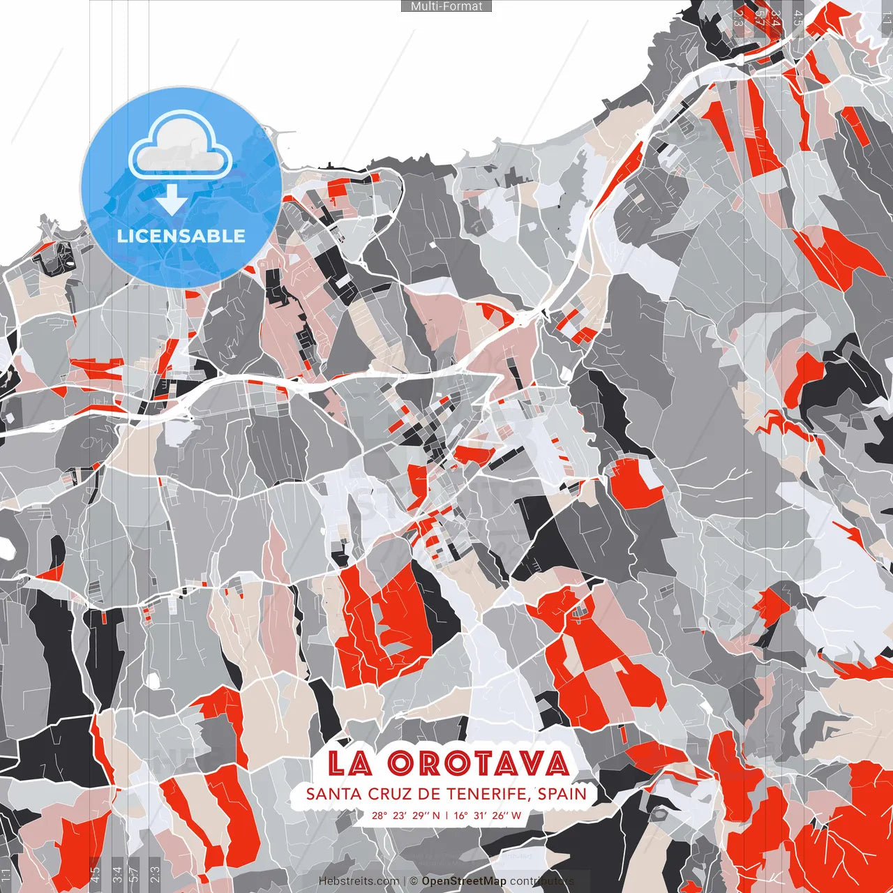 La Orotava, Santa Cruz de Tenerife, Spain - modern street map poster template with gray and red tones