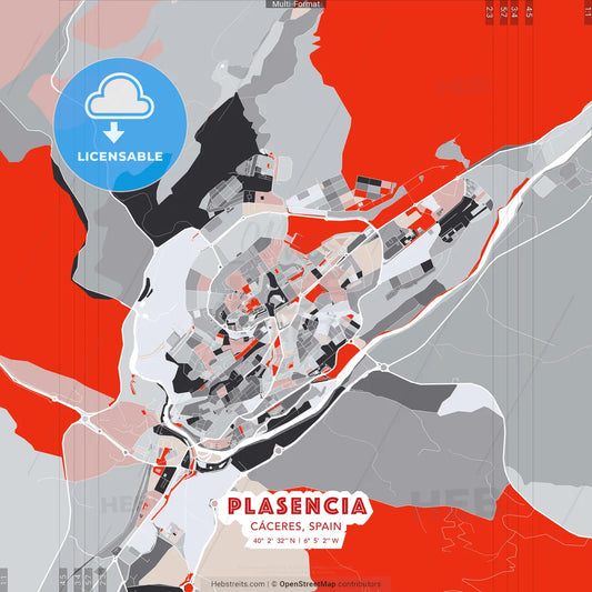 Plasencia, Cáceres, Spain - modern street map poster template with gray and red tones