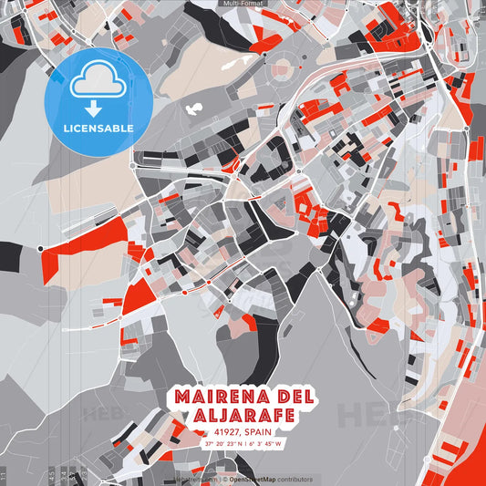 Mairena del Aljarafe, 41927, Spain - modern street map poster template with gray and red tones