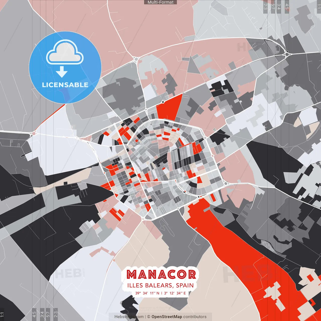 Manacor, Illes Balears, Spain - modern street map poster template with gray and red tones