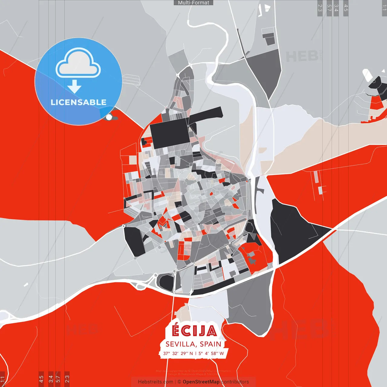 Écija, Sevilla, Spain - modern street map poster template with gray and red tones
