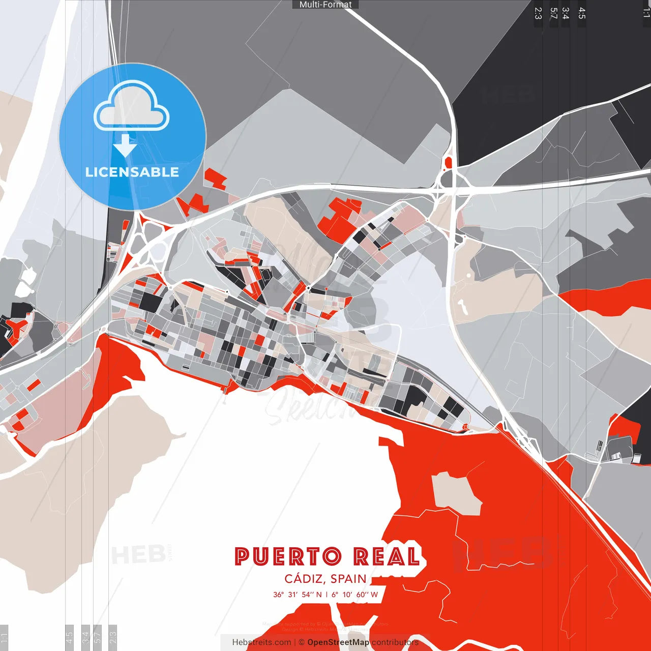 Puerto Real, Cádiz, Spain - modern street map poster template with gray and red tones