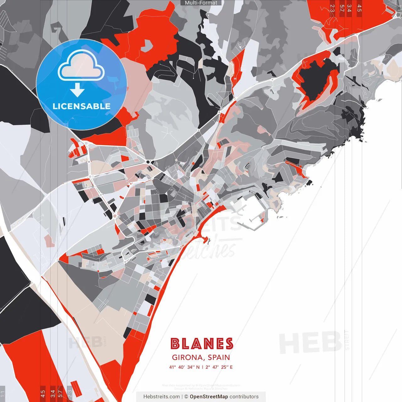 Blanes, Girona, Spain - modern street map poster template with gray and red tones